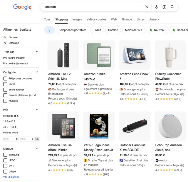 Amazon (le site) est absent de Google Shopping